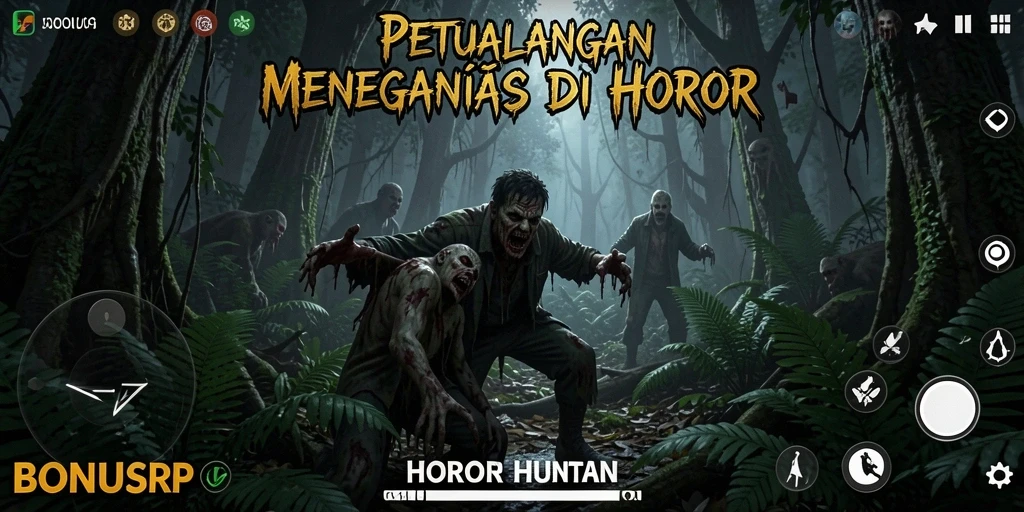 Screenshot menunjukkan suasana menyeramkan di hutan dengan detail grafis yang menawan.