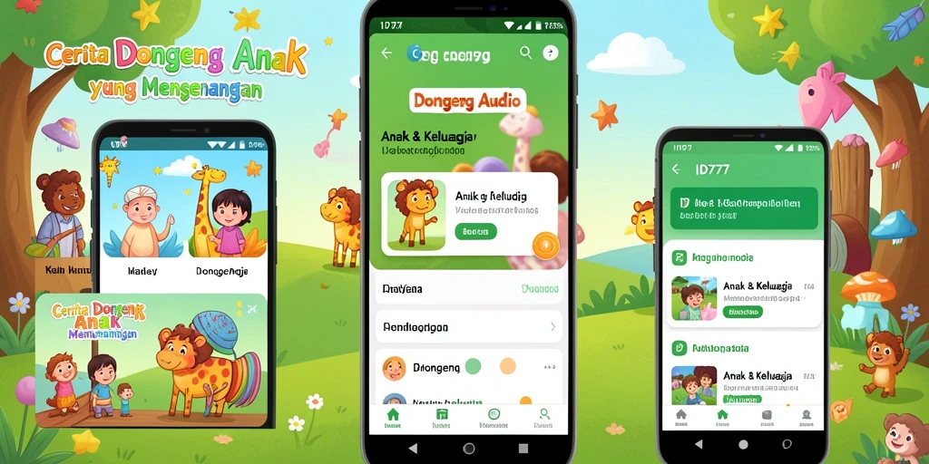 Antarmuka ID777 menampilkan berbagai pilihan cerita dongeng audio.