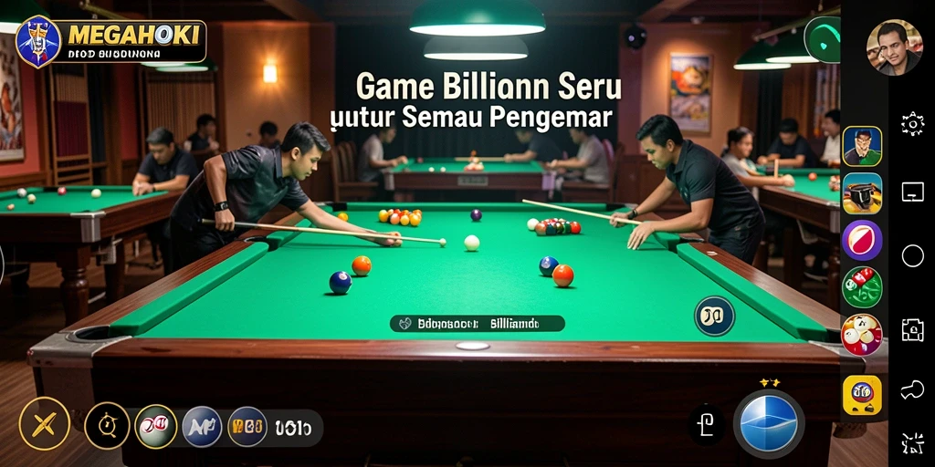 Tampilan antarmuka MEGAHOKI dengan aksi billiard yang seru.